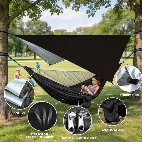 Camping Hammock with Rain Fly Tarp Mosquito Net Heavy Duty Tree Straps Portable Double Parachute Hammocks Tent Waterproof Rainfly Set