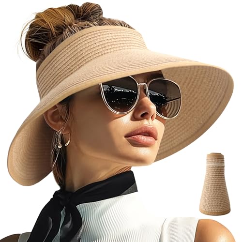 Sun Visor Hats for Women Wide Brim Straw Packable Beach Hat Khaki