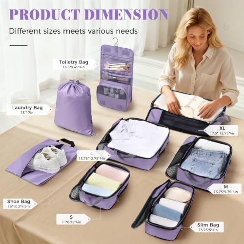 4 Set/6 Set/8 Set Compression Packing Cubes Travel Accessories Expandable Packing Organizers(HalfMesh,8-Dusty Purple)
