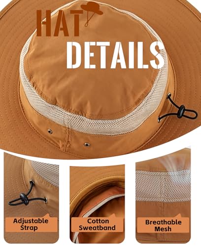 Men's Sun Hat UPF 50+ Wide Brim Bucket Hat Windproof Fishing Hat Brown
