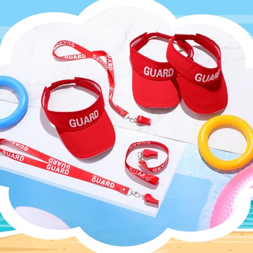 6 Sets Guard Visor Hat Red Emergency Whistle Lanyard for Pool Beach (12 Count)