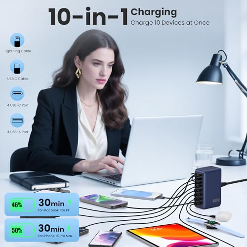 345W USB C Charger 10 in 1 Retractable Wall Charger with 2 Cables