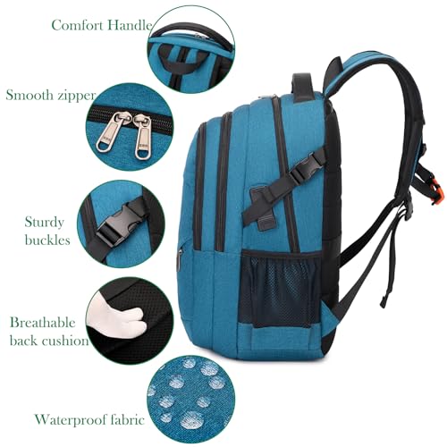 17.3 inch Large Laptop Backpack Durable Waterproof Travel College Backpack Bookbag for Men & Women Business Backpack with USB Charging Port and Headset Port Light Teal