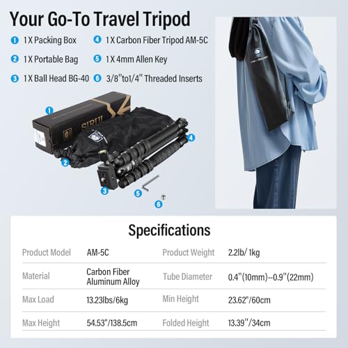AM 5C Carbon Fiber Travel Tripod 54"