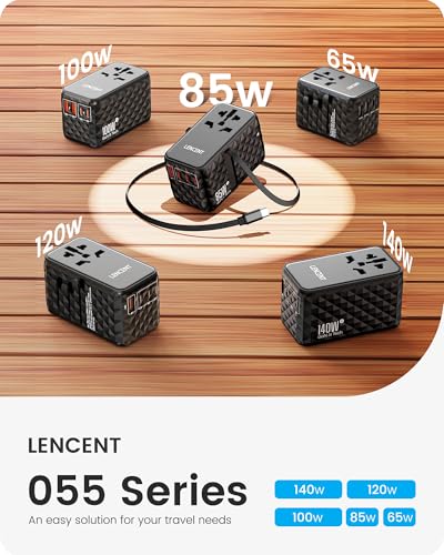 85W Universal Travel Power Adapter with Retractable USB C Cable