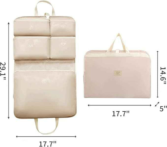 7-in-1 Travel Storage Bag, Foldable Hanging Packing Cube with Compartments for Clothes, Beige