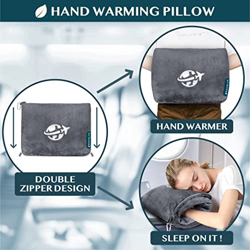 Compact 2-in-1 Travel Blanket Pillow for Airplane Flight, Dark Gray
