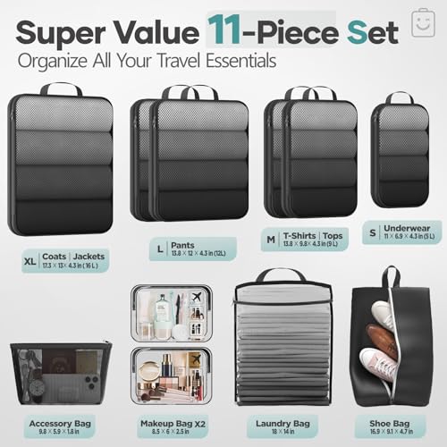 11 Set Compression Packing Cubes Garment Bags for Travel Essentials (11 Count)