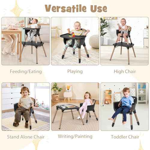 6-in-1 High Chair, Convertible Highchair for Babies and Toddlers/Kids Chair Table Set/Infant Feeding Chair w/Safety Harness, PU Leather Cushion & Removable Food Tray (Coffee)