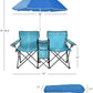 Goplus Double Camping Chair with Umbrella, Folding Loveseat Chairs w/Canopy Shade, Carrying Bag, Table, Cup Holder, Portable Beach Chairs Outdoor Picnic Patio (Turquoise)
