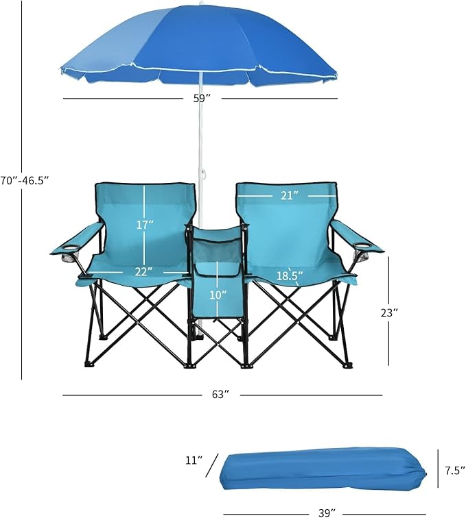 Goplus Double Camping Chair with Umbrella, Folding Loveseat Chairs w/Canopy Shade, Carrying Bag, Table, Cup Holder, Portable Beach Chairs Outdoor Picnic Patio (Turquoise)