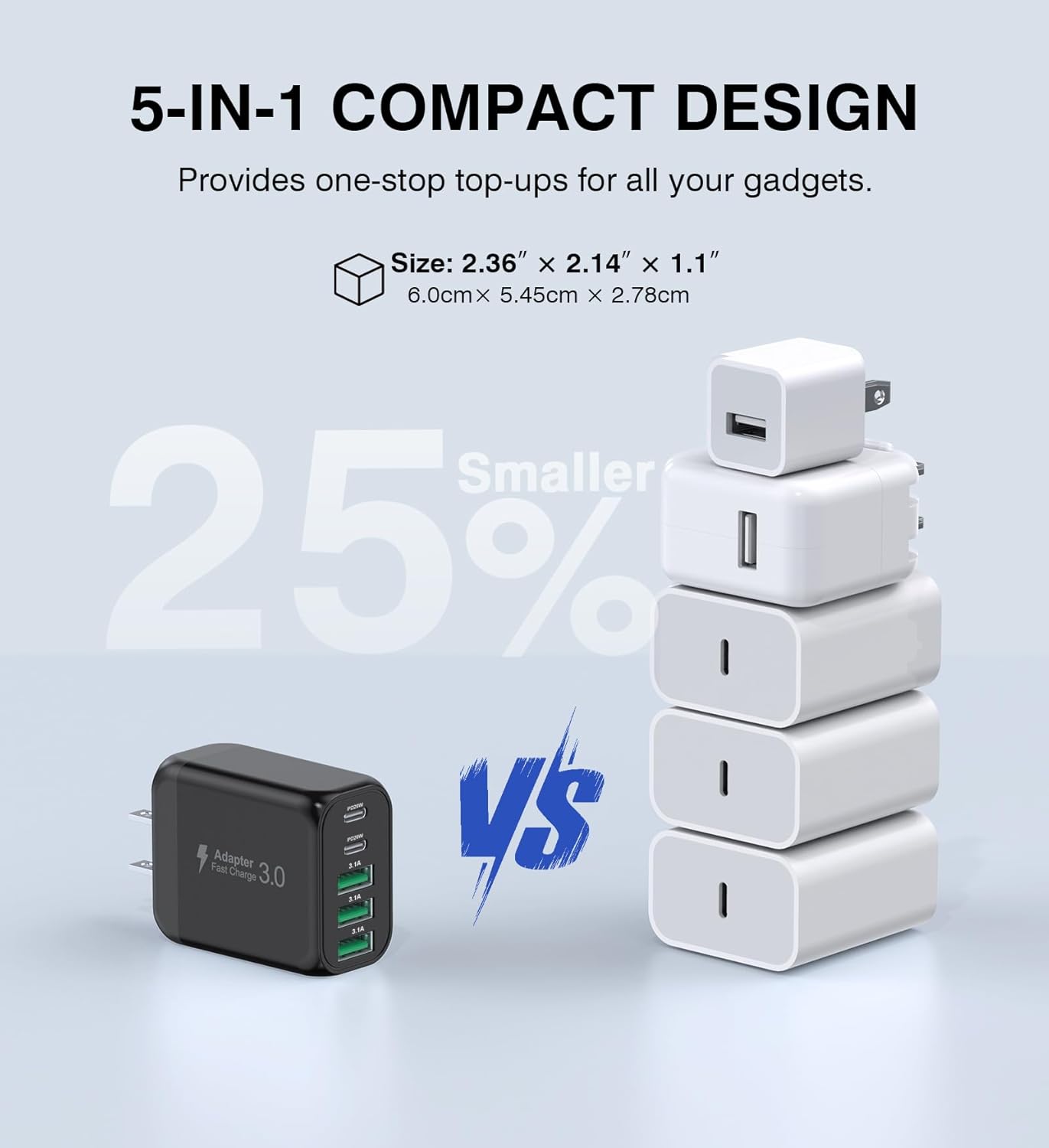 [2-Pack]50W USB C Wall Charger Block, 5-Port C Charger Fast Charging Block PD Power Adapter +QC 3.0 Multiport Type C Box Brick Cube USB A Wall Plug for iPhone 16/15/14/13 Pro Max,Samsung Galaxy(Black) - Roamly