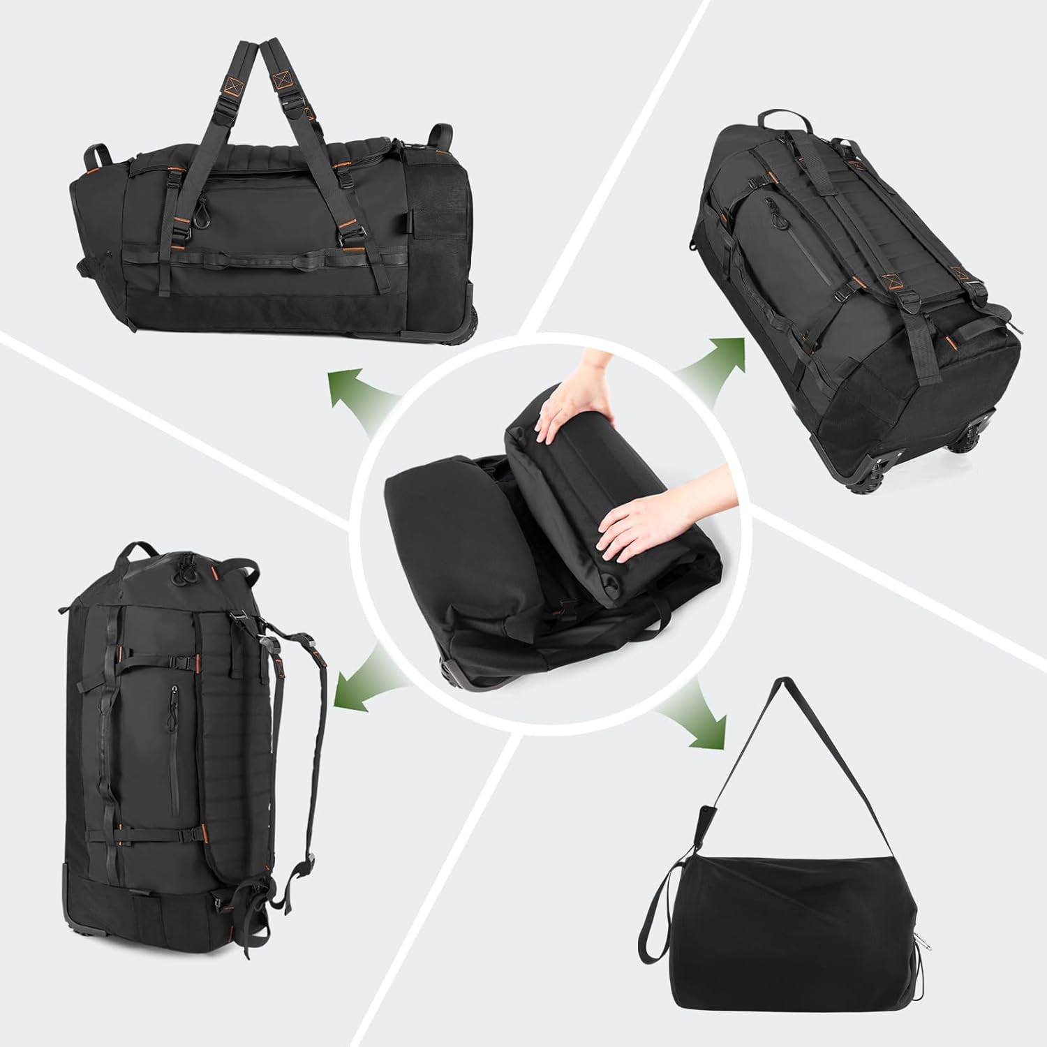 Vomgomfom 86L Collapsible Wheeled Luggage with Removable Backpack Straps,Waterproof Rolling Duffle Bag with Quilted Base,No Telescope Handle,Black - Roamly