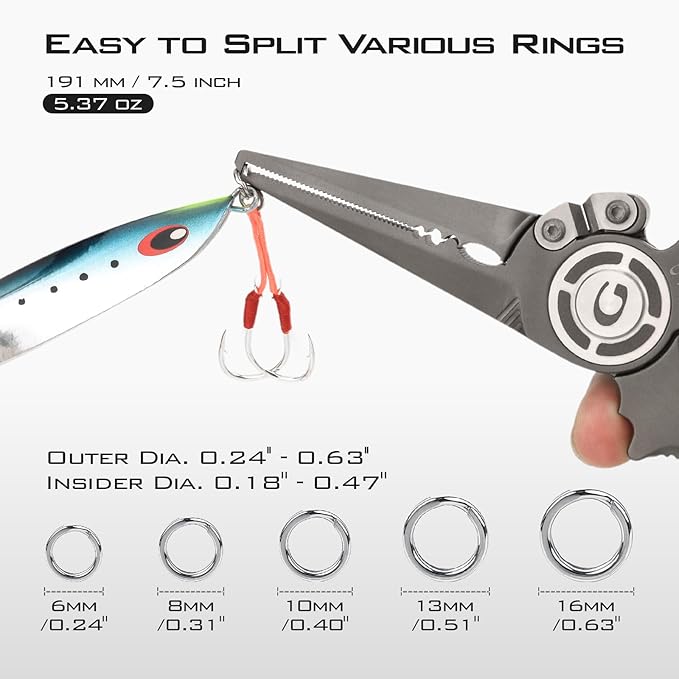 GOMEXUS Titanium Fishing Pliers 7.5'' with Side Cutters, Lanyard & Leather Sheath, Never Rust Hook Remover, Saltwater Resistant, Inshore & Nearshore Fishing (Split Ring Nose, 7.5 INCHES)