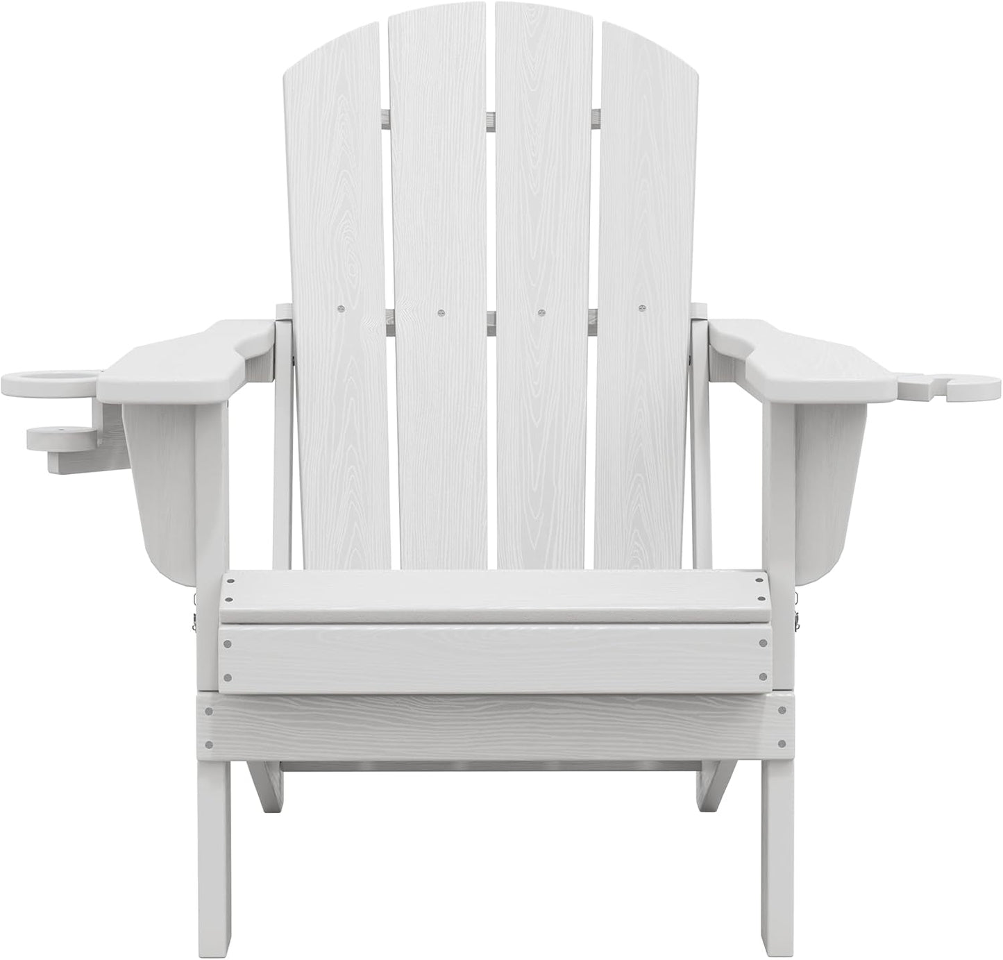 SERWALL Folding Adirondack Chair, Dual Cup Holders & All-Weather HDPE, Wood-Like Patio Chair for Backyard, Camping，Pool & Fire Pit- White