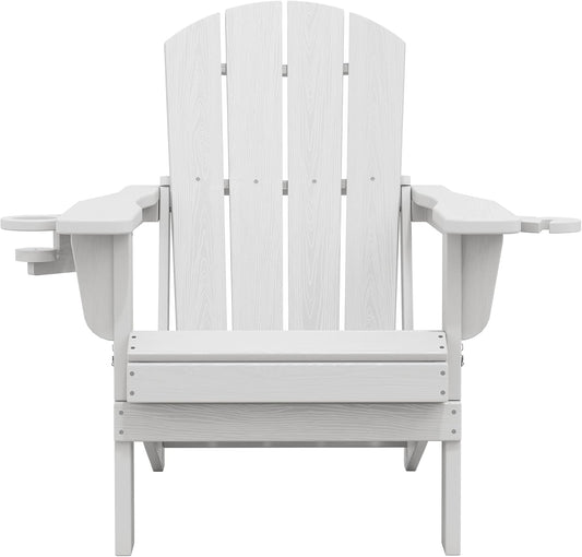 SERWALL Folding Adirondack Chair, Dual Cup Holders & All-Weather HDPE, Wood-Like Patio Chair for Backyard, Camping，Pool & Fire Pit- White