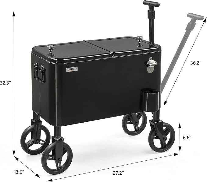 VINGLI 80 Quart Wagon Rolling Cooler Ice Chest, w/Long Handle and 10" Wheels, Portable Beach Patio Party Bar Cold Drink Beverage, Outdoor Park Cart on Wheels