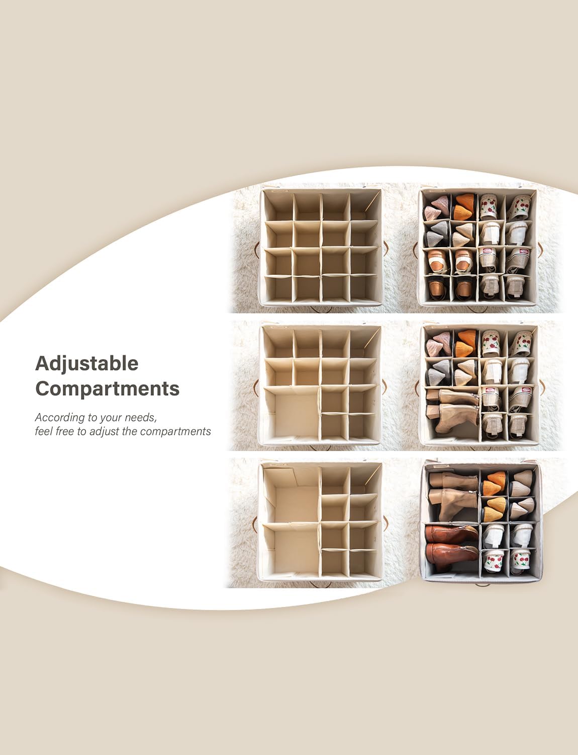 StorageWorks Shoe Organizer for Closet, Fits up to 16 Pairs, Shoe Cubby Storage Containers with Adjustable Dividers and Clear Cover, Mixing of Brown & Beige