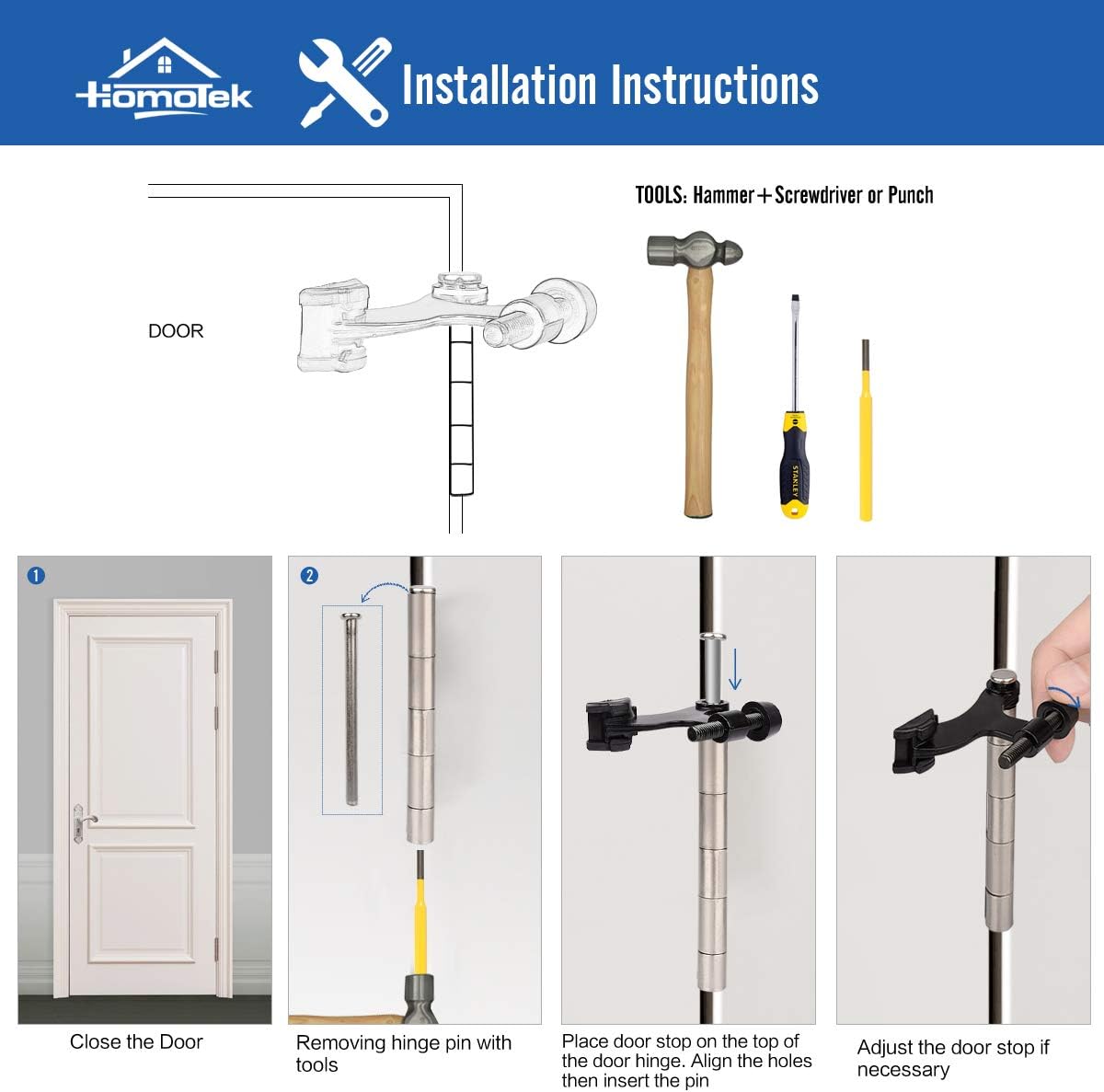 HOMOTEK 8 Pack Hinge Pin Bright Brass Door Stopper, Gold Door Stops, Adjustable Deluxe Heavy Duty Door Stopper 2-1/2"x1-3/4”,with White Rubber Bumper Tips