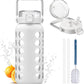 MUKOKO 64oz Glass Water Bottles with Straw and Lid,Half Gallon Water Bottle with Time Marker,Large Glass Water Jug with Silicone Sleeve and Stainless Steel Handle-White