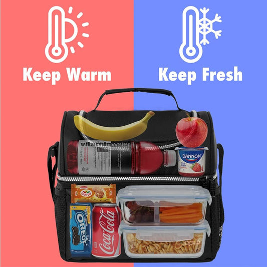OPUX Lunch Box For Men Women, Insulated Large Lunch Bag Adult Work, Double Decker Lunchbox Meal Prep, Dual Compartment Leakproof Lunch Cooler, Soft Lunch Pail Tote Boys Girls Kids School, Black 16 Can