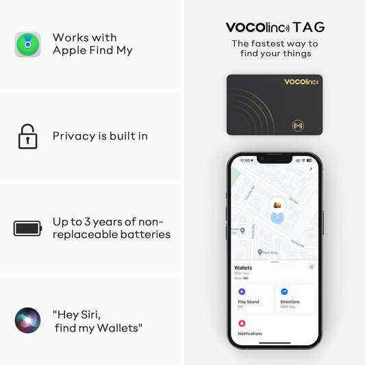[Apple MFi Certified] VOCOlinc Air Tag Card Wallet Tracker 1.6mm 2 Pack, Smart Item Finder Work with Apple Find My APP (iOS Only, Android not Supported), Locator for Luggage, Suitcase, Bags, Backpack.