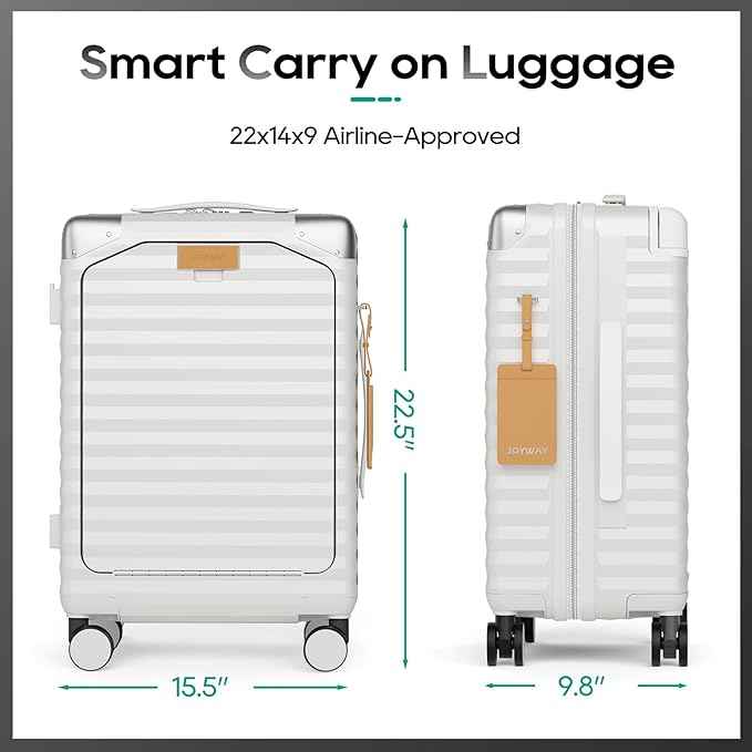 Joyway 20 Inch Carry on Luggage with Front Pocket, PC Hardshell Carry-on Suitcase with USB Port and Cup Holder, 21.5x14.2x9 Airline Approved, Luggage with Spinner Wheels and TSA Lock (White)