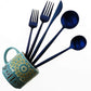 Matte Blue Gugrida 5-Piece 18/10 Stainless Steel Silverware Set, Satin Finish Flatware, Kitchen Utensils, Tableware Travel Cutlery for Camping, Office or School Lunch, Dishwasher Safe