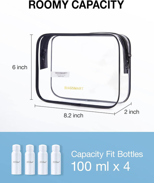 BAGSMART Clear Toiletry Bag, 2 Packs TSA Approved Water resistant Quart Size Travel Organizer, Airport Airline Travel Essential Carry On Makeup Cosmetic Bags for Women, Black