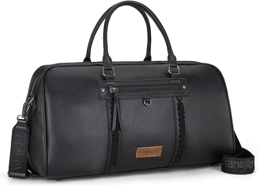 Wrangler Travel Duffel Bag Large Weekender Bag for Women Designer Carry on Overnight Bag for Trips Leather Luggage Bag Black - Roamly