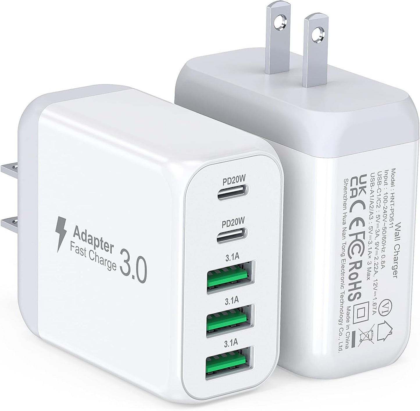 USB C Wall Charger Block, 2Pack 50W 5-Port C Charger Fast Charging Block PD Power Adapter +QC 3.0 Multiport Type C Box Brick Cube USB A Wall Plug for iPhone 16/15/14 Pro Max Plus, iPad,Samsung Galaxy - Roamly