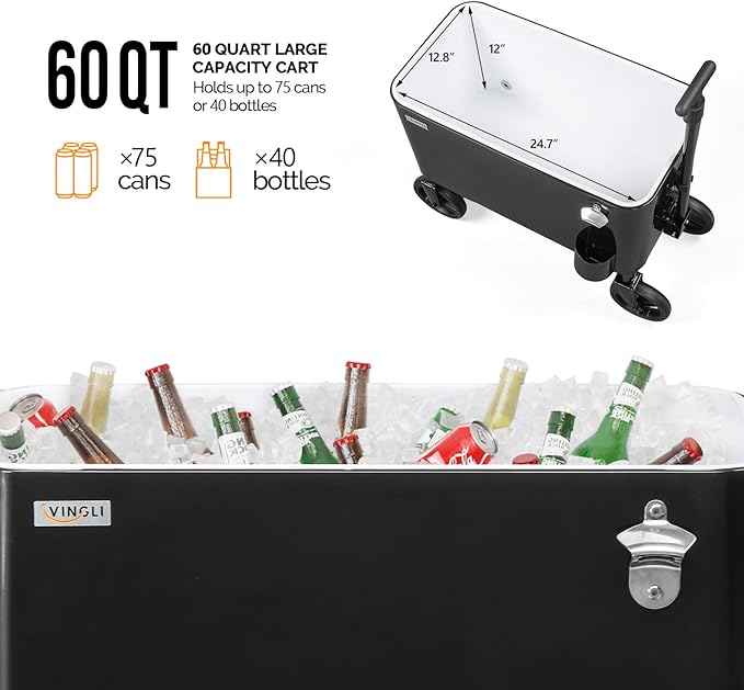VINGLI 80 Quart Wagon Rolling Cooler Ice Chest, w/Long Handle and 10" Wheels, Portable Beach Patio Party Bar Cold Drink Beverage, Outdoor Park Cart on Wheels