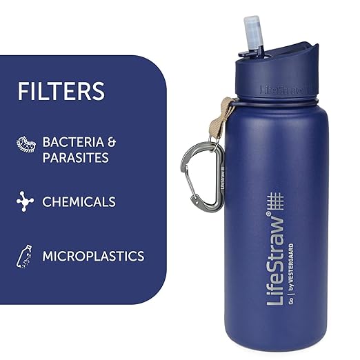 LifeStraw Go Stainless Steel Water Filter Bottle with 2-Stage Integrated Filter Straw, Double Wall Vacuum Insulated, for Hiking, Backpacking, and Travel, 24oz, Blue