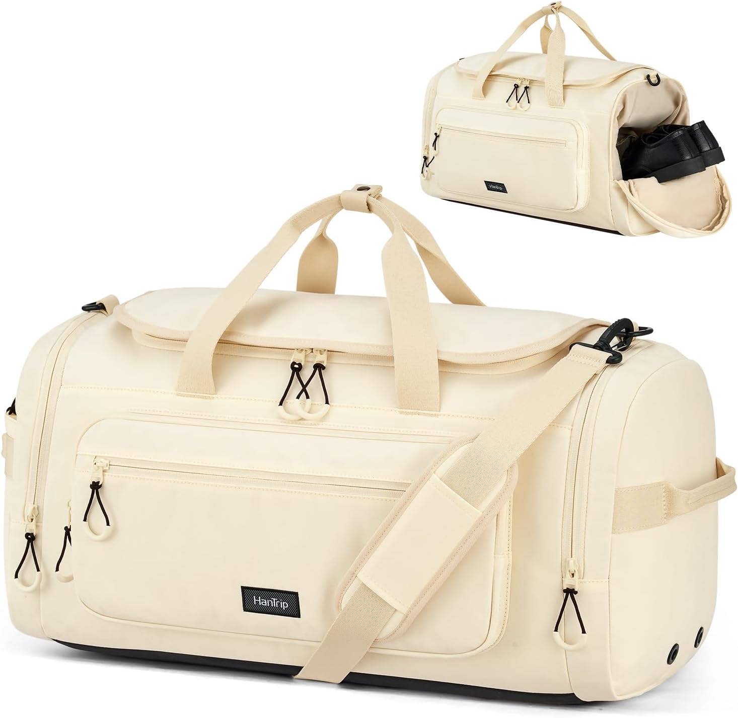 Large Travel Duffle Gym Bag with Shoe Compartment, Underseat Carry On Luggage Overnight Weekender Personal Item Workout Bags for Women Men (Offwhite) - Roamly
