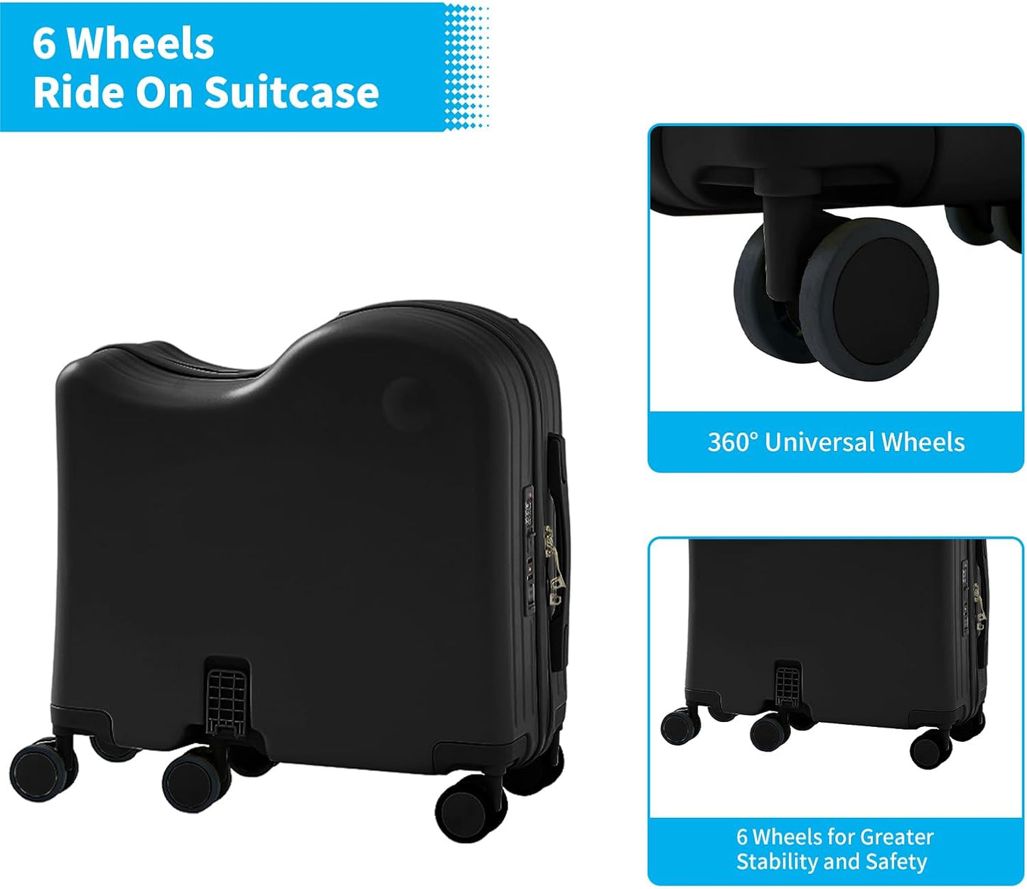 TABU Ride-on Luggage with Handbag for Kids，Hardshell Carry On Suitcase with Hidden Cup Holder, Foldable Pedal,Type-C & USB Interface, TSA Lock, 6-Spinner Wheels, Black