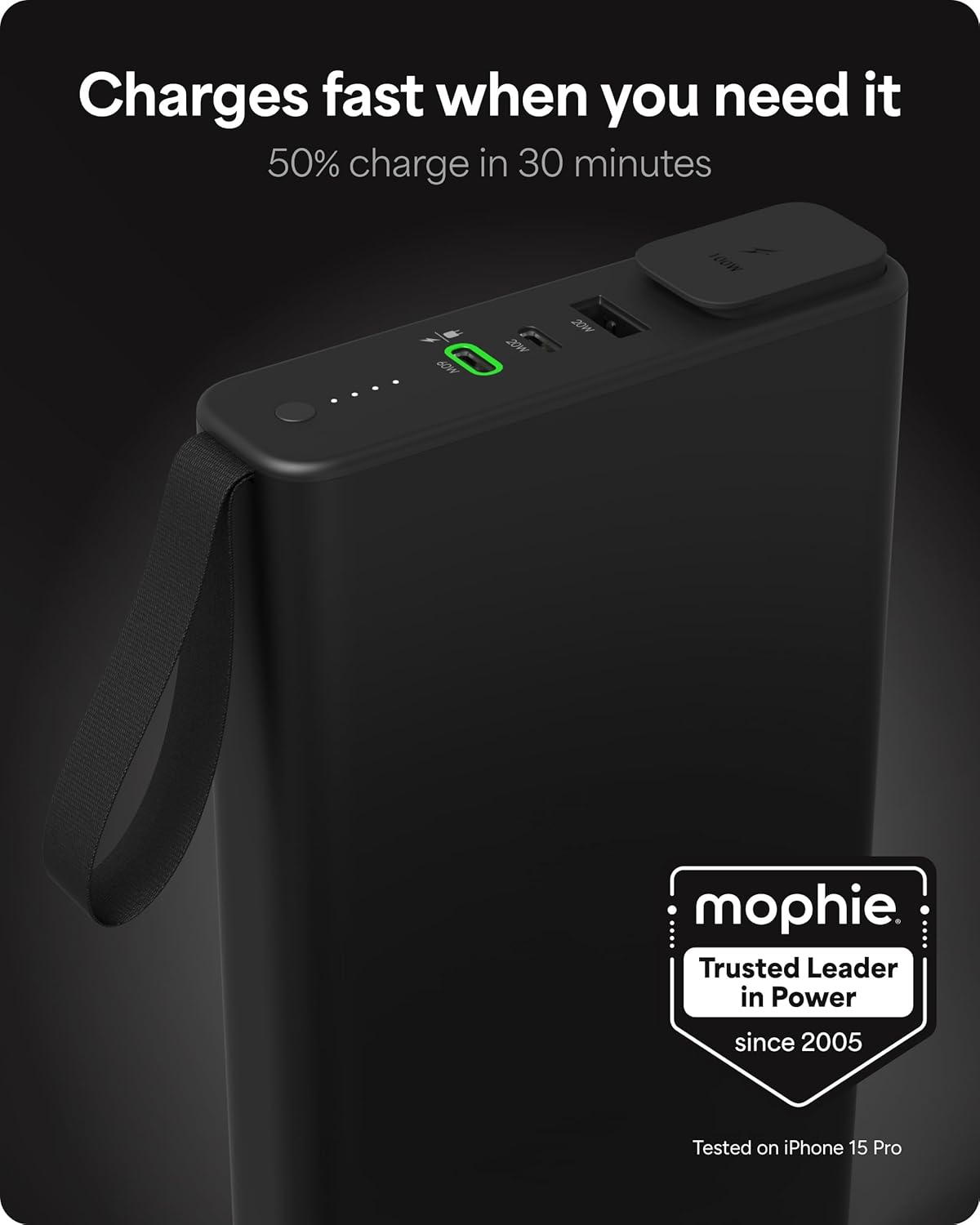 mophie powerstation pro AC (2023)-27,000 mAh External Battery compatbile With MacBook&iPad Portable PD battery with 100W of AC&60W USB-C Fast Charge integrated carry strap-USB-C cable included, Black - Roamly