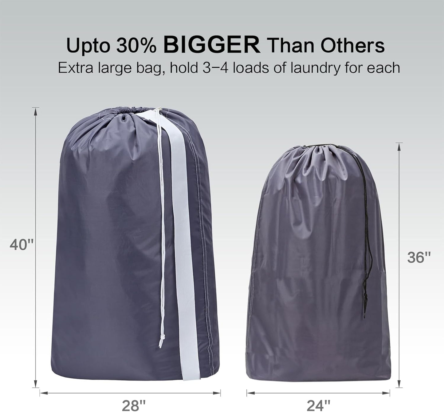 HOMEST 2 Pack XL Nylon Laundry Bag with Strap, Large Dirty Garments Organizer, Easy Fit a Hamper or Clothing Basket, Can Carry Up to 4 Loads of Clothes, Grey