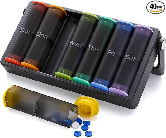 Weekly Pill Organizer 2 Times a Day, KOVIUU Large Travel Pill Box 7 Day, Am Pm Twice Daily Pill Case with Rotatable Handle, Pill Holder Container for Vitamin, Medicine, Supplement, Translucent-Black