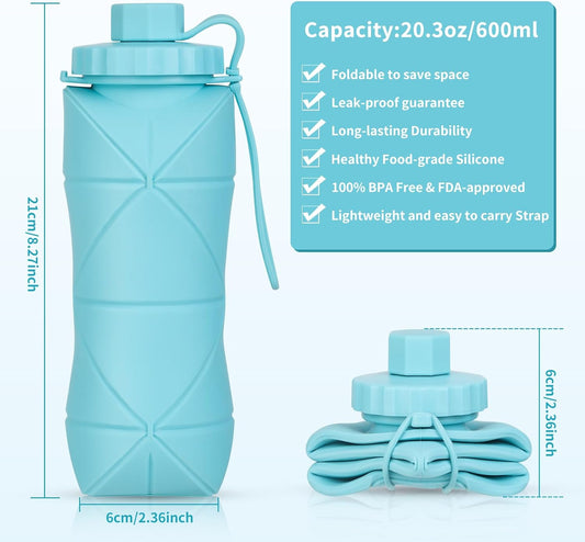 Silicone Collapsible Water Bottles,Lightweight Reusable Leakproof For Traveling Camping Hiking Cycling Sports Outdoor,Foldable Portable Travel Water Bottle 600ML Blue 1Pack.