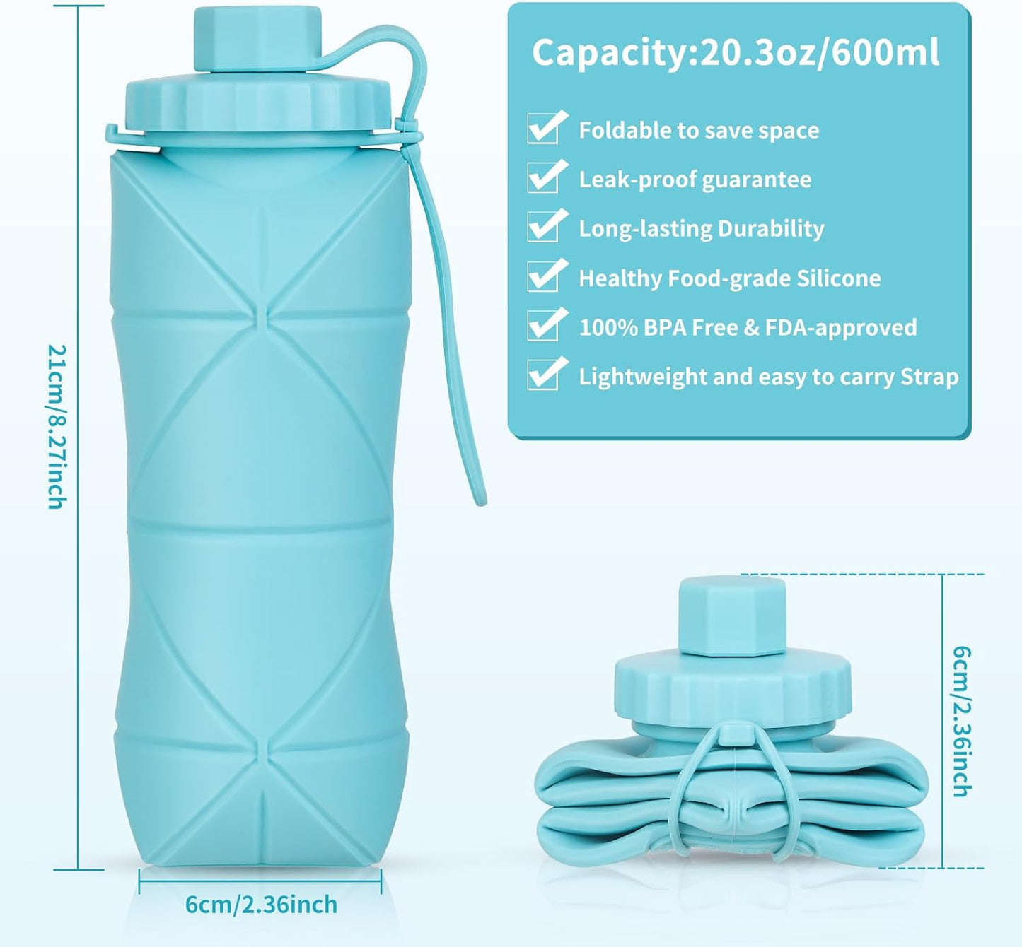 Silicone Collapsible Water Bottles,Lightweight Reusable Leakproof For Traveling Camping Hiking Cycling Sports Outdoor,Foldable Portable Travel Water Bottle 600ML Dark Blue 1Pack.