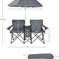 Goplus Double Camping Chair with Umbrella, Folding Loveseat Chairs w/Canopy Shade, Carrying Bag, Table, Cup Holder, Portable Beach Chairs Outdoor Picnic Patio (Grey)