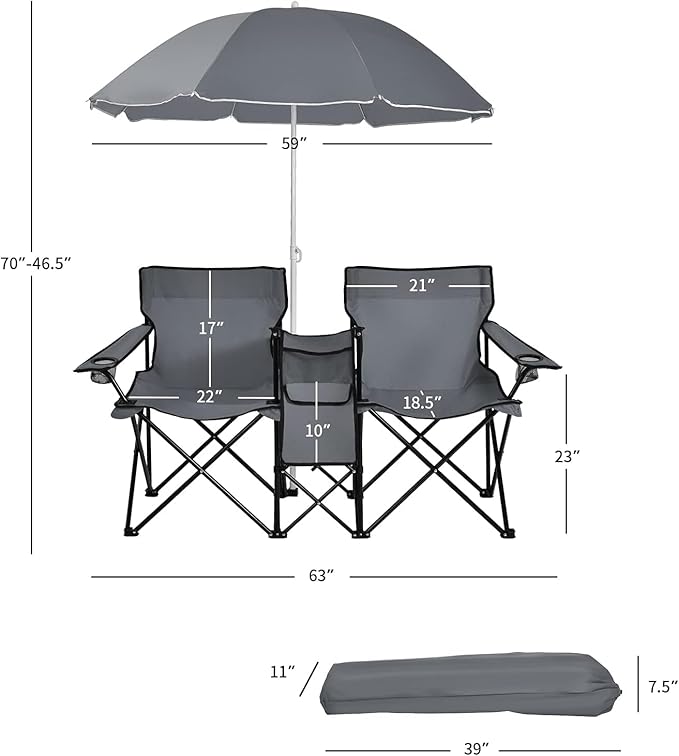 Goplus Double Camping Chair with Umbrella, Folding Loveseat Chairs w/Canopy Shade, Carrying Bag, Table, Cup Holder, Portable Beach Chairs Outdoor Picnic Patio (Grey)