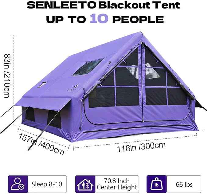 Inflatable Camping Tents 8-10 Person,129 Square Feets Large Inflatable Camping Tent with Stove Jack,Blow up Tent with Mesh Windows & Pump