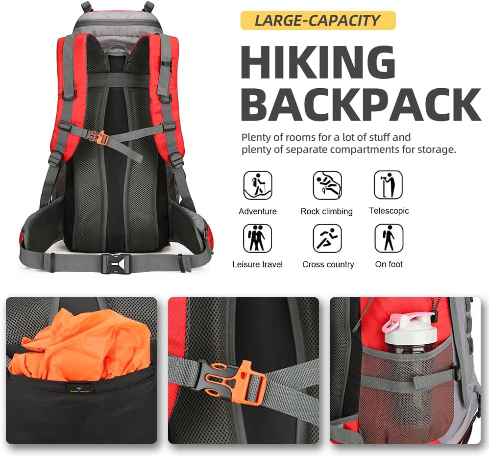 King'sGuard 60L Hiking Backpack Lightweight Camping Backpack with Rain Cover Large Waterproof Packable Outdoor Trekking Travel Backpack for Men Women (Red) - Roamly