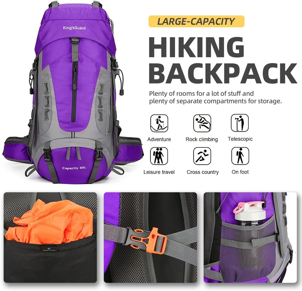 King'sGuard 60L Hiking Backpack Lightweight Camping Backpack with Rain Cover Large Waterproof Packable Outdoor Trekking Travel Backpack for Men Women (Purple) - Roamly