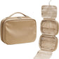 EACHY Hanging Toiletry Bag, Satin 4 Compartments Travel Toiletry Bags for Women, Large Capacity Make Up Organizer Bag with Handle & Compartments (Camel, L)