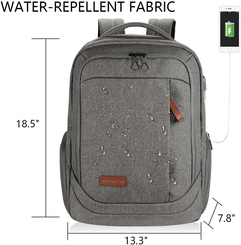 KROSER Laptop Backpack Large Computer Backpack Fits up to 17.3 Inch Laptop with USB Charging Port Water-Repellent Casual Daypack for Travel/Business/College/Women/Men-Grey - Roamly
