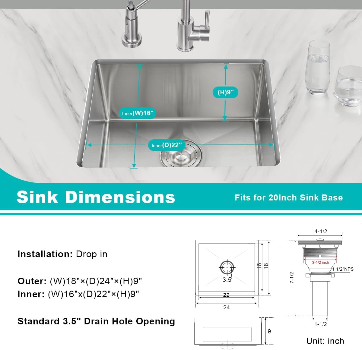24 inch Undermount Kitchen Sink, 24 x 18 inch Single Bowl Stainless Steel Handmade Undermount Kitchen Sink with Sink Strainer, Brushed