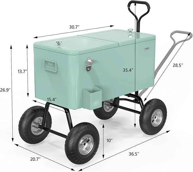 VINGLI 80 Quart Wagon Rolling Cooler Ice Chest, w/Long Handle and 10" Wheels, Portable Beach Patio Party Bar Cold Drink Beverage, Outdoor Park Cart on Wheels