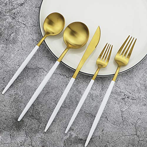 White Handle Matte Gold Silverware Set